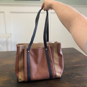 Relic Womens Colorblock Tote Bag Brown Tan Navy Triple Compartment Handbag